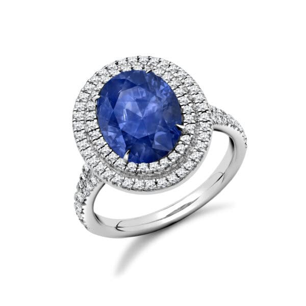 Blue Sapphire Oval Cut Cluster 3.6ct Engagement Ring with Diamond Set Split Shoulders