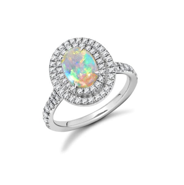Opal Oval Cut Cluster 0.7ct Engagement Ring with Diamond Set Shoulders