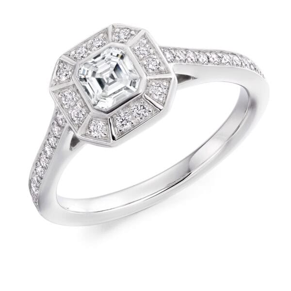 Asscher Cut Halo 0.5ct Diamond Engagement Ring with Diamond Set Shoulders