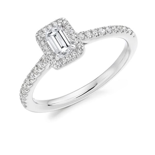 Emerald Cut Halo 0.3ct Diamond Engagement Ring with Diamond Set Shoulders
