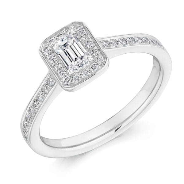 Emerald Cut Halo 0.25ct Diamond Engagement Ring with Diamond Set Shoulders