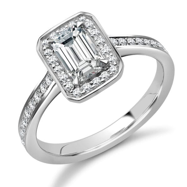 Emerald Cut Halo 0.5ct Diamond Engagement Ring with Diamond Set Shoulders