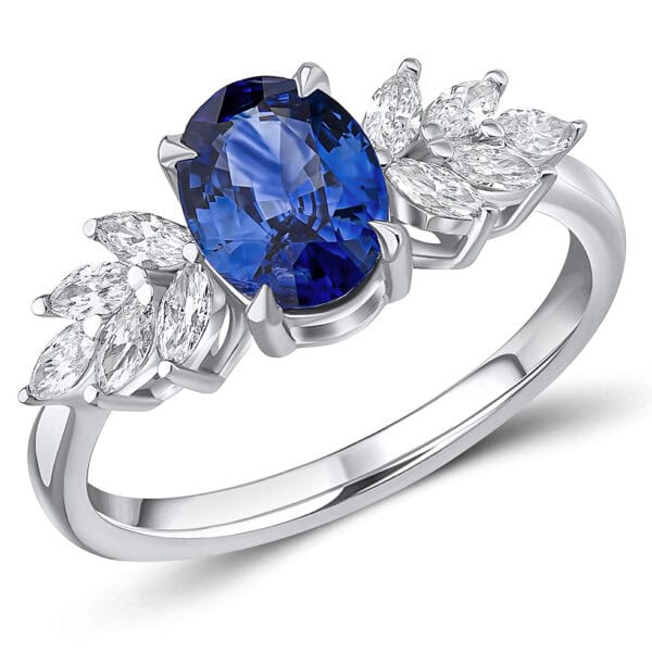 Blue Sapphire Oval Cut Cluster 1.45ct Engagement Ring