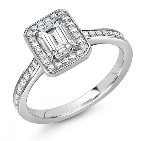 Emerald Cut Halo 0.75ct Diamond Engagement Ring with Diamond Set Shoulders