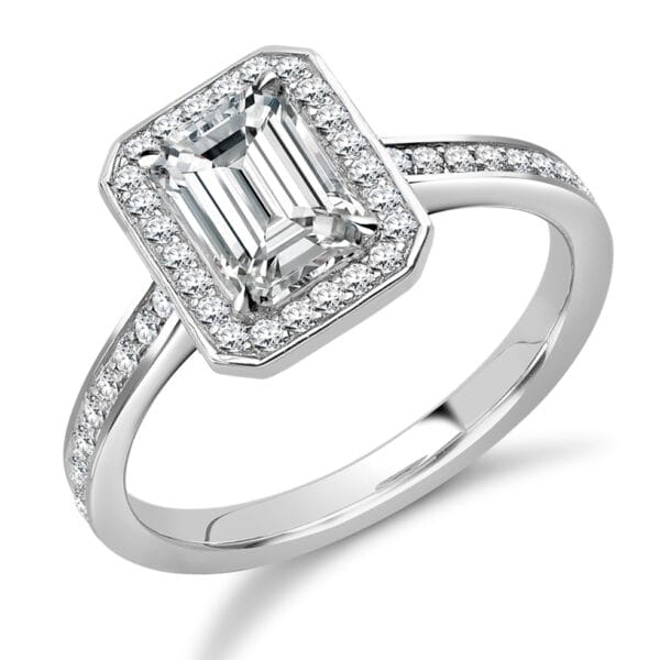 Emerald Cut Halo 1ct Diamond Engagement Ring with Diamond Set Shoulders