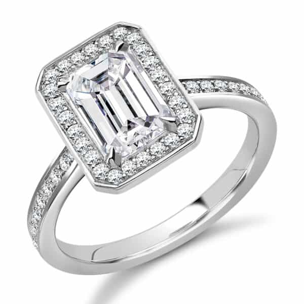 Emerald Cut Halo 1.5ct Diamond Engagement Ring with Diamond Set Shoulders