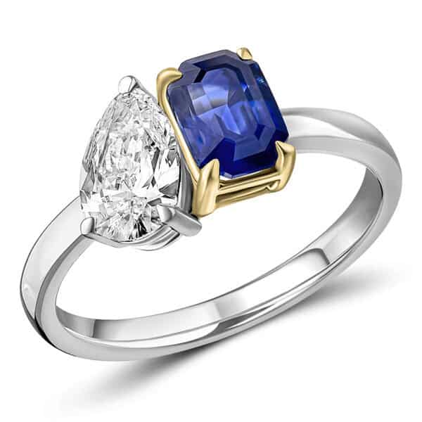 Blue Sapphire Emerald Cut Toi et Moi 1ct Engagement Ring with Diamond Set Shoulders
