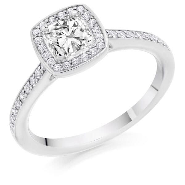 Cushion Cut Halo 0.5ct Diamond Engagement Ring with Diamond Set Shoulders