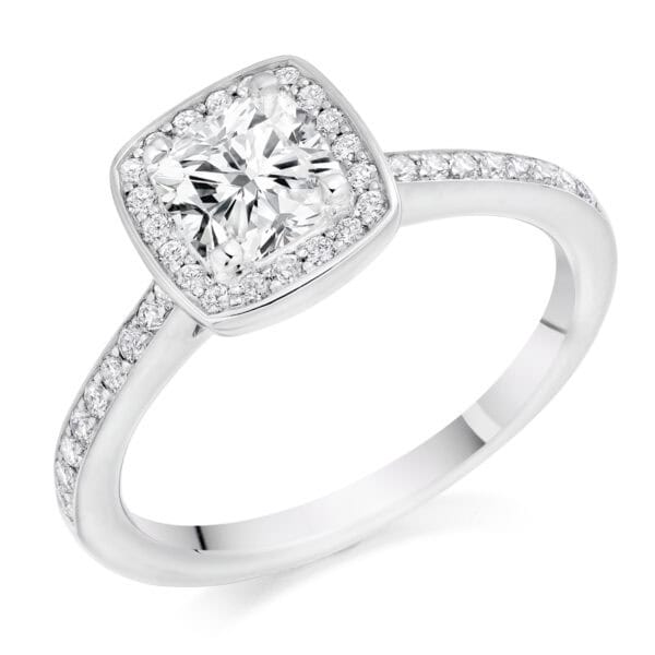 Cushion Cut Halo 0.75ct Diamond Engagement Ring with Diamond Set Shoulders