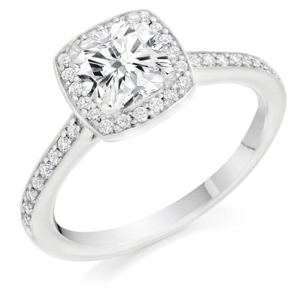 Cushion Cut Halo 1ct Diamond Engagement Ring with Diamond Set Shoulders