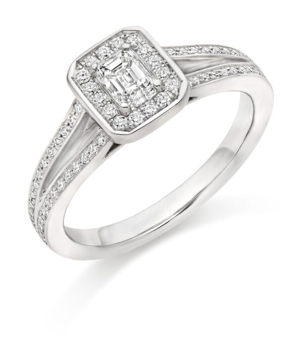 Emerald Cut Halo 0.33ct Diamond Engagement Ring with Diamond Set Shoulders