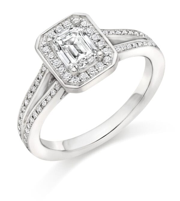 Emerald Cut Halo 0.75ct Diamond Engagement Ring with Diamond Set Shoulders