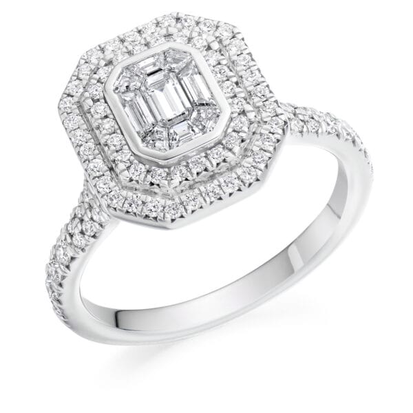 Emerald Cut Halo 0.4ct Diamond Engagement Ring with Diamond Set Shoulders