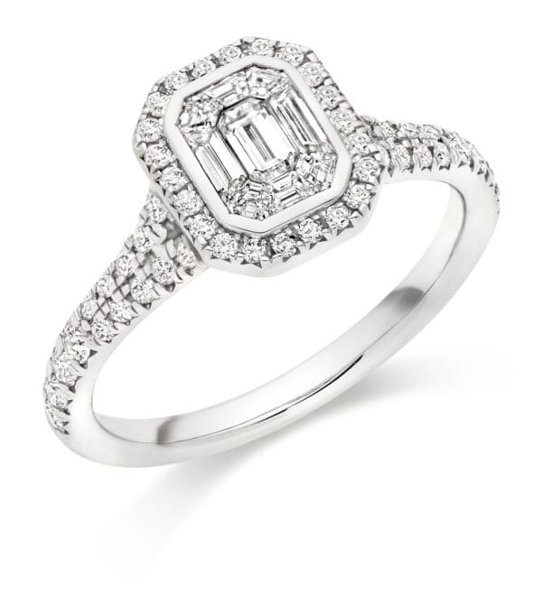 Emerald Cut Halo 0.4ct Diamond Engagement Ring with Diamond Set Shoulders