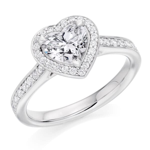 Heart Cut Halo 1ct Diamond Engagement Ring with Diamond Set Shoulders