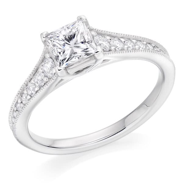 Princess Cut Solitaire 0.75ct Diamond Engagement Ring with Diamond Set Shoulders