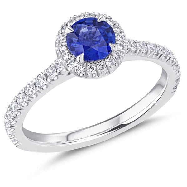 Blue Sapphire Round Brilliant Oyster Deluxe 0.7ct Engagement Ring with Diamond Set Shoulders