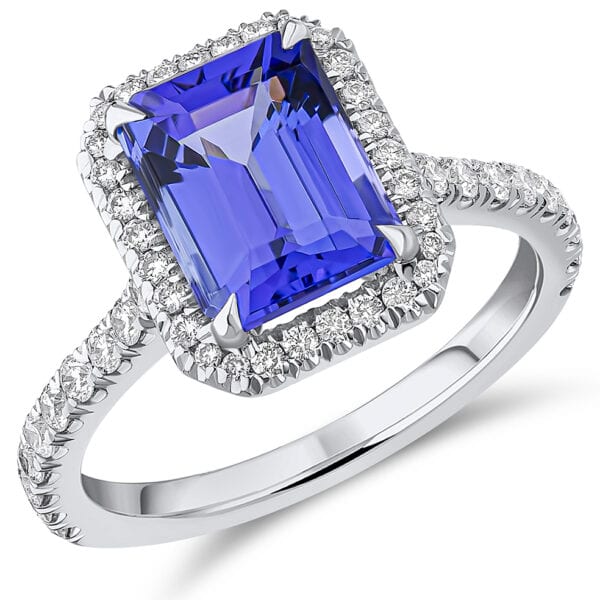 Tanzanite Emerald Cut Oyster Deluxe 2.5ct Engagement Ring with Diamond Set Shoulders