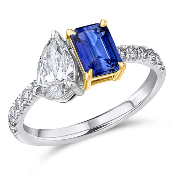 Blue Sapphire Emerald Cut Solitaire 1ct Engagement Ring with Diamond Set Shoulders
