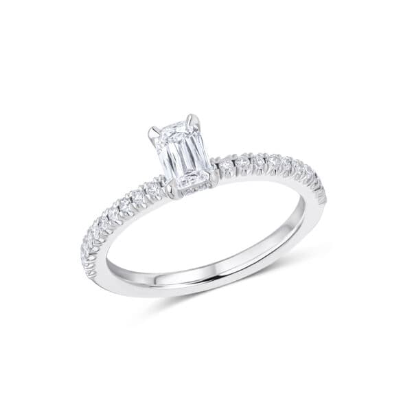 Crisscut Emerald Hidden Halo, Solitaire 0.5ct Diamond Engagement Ring with Diamond Set Shoulders