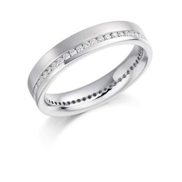 Round Brilliant Diamond Eternity Style Ring, Channel Set with Offset Diamonds with 100% Diamond Coverage, 4.2mm 0.45 Carat Total Diamond Weight