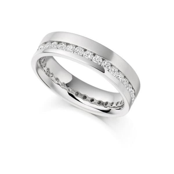 Round Brilliant Diamond Eternity Style Ring, Channel Set with Offset Diamonds with 100% Diamond Coverage, 5.2mm 1 Carat Total Diamond Weight