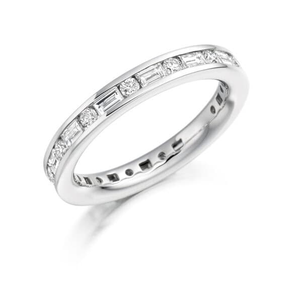 Round Brilliant & Baguette Cut Diamond Eternity Style Ring, Channel Set with 100% Diamond Coverage, 3.2mm 1.25 Carat Total Diamond Weight