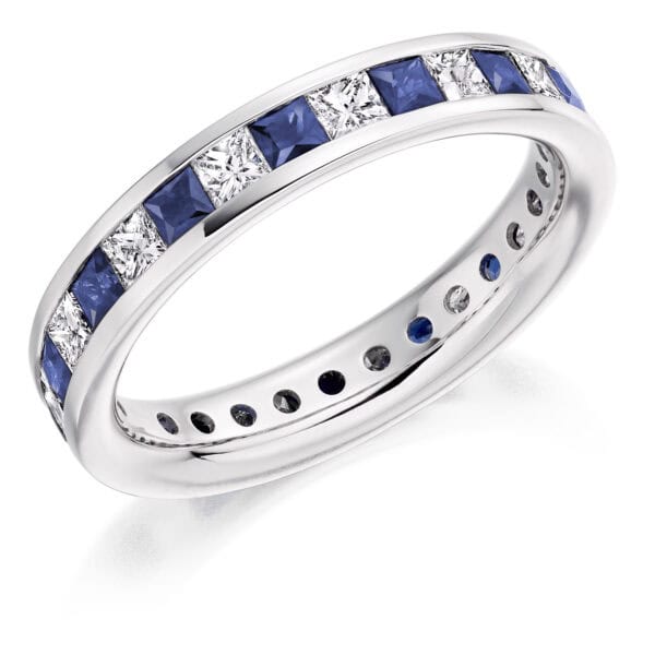 Blue Sapphire and Diamond Princess Cut Channel Set Full Eternity Ring with 100% Diamond Coverage