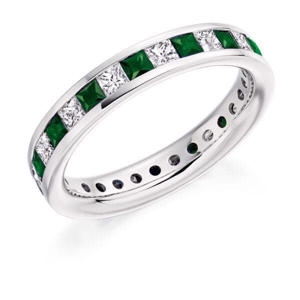 Emerald Step Cut and Diamond Princess Cut Channel Set Full Eternity Ring with 100% Diamond Coverage