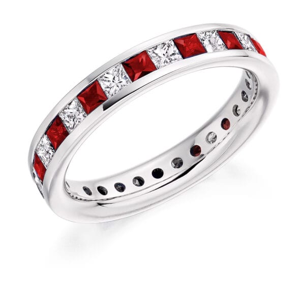 Ruby and Diamond Princess Cut Channel Set Full Eternity Ring with 100% Diamond Coverage