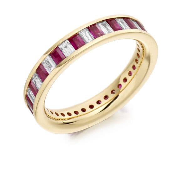 Ruby and Diamond Baguette Cut Channel Set Full Eternity Ring with 100% Diamond Coverage