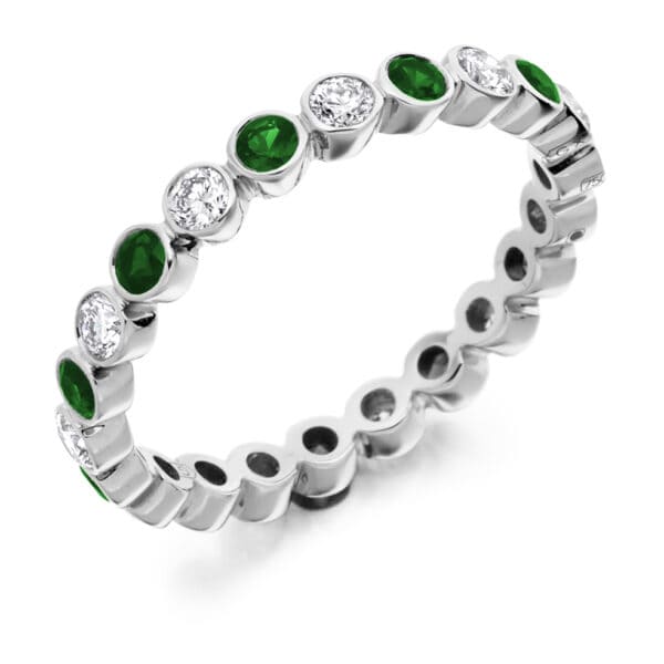 Emerald and Diamond Round Brilliant Rubover Set Full Eternity Ring with 100% Diamond Coverage