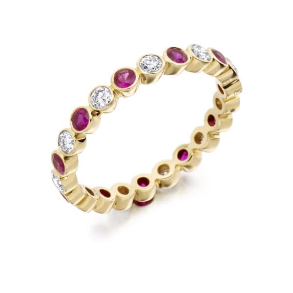 Ruby and Diamond Round Brilliant Rubover Set Full Eternity Ring with 100% Diamond Coverage