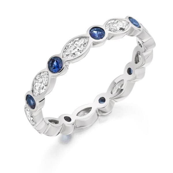 Blue Sapphire and Diamond Round Brilliant Rubover Set Full Eternity Ring with 100% Diamond Coverage