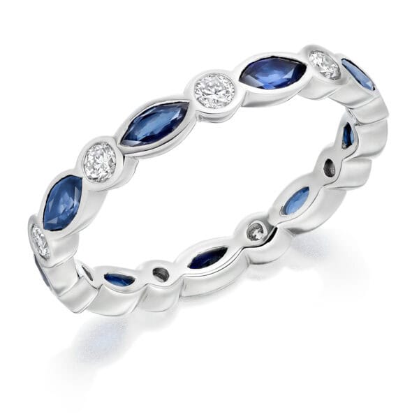 Blue Sapphire and Diamond Marquise Cut Rubover Set Full Eternity Ring with 100% Diamond Coverage