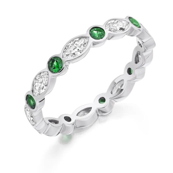 Emerald and Diamond Round Brilliant Rubover Set Full Eternity Ring with 100% Diamond Coverage