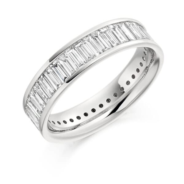 Baguette Cut Diamond Eternity Style Ring, Channel Set with 100% Diamond Coverage, 4.6mm 2.5 Carat Total Diamond Weight