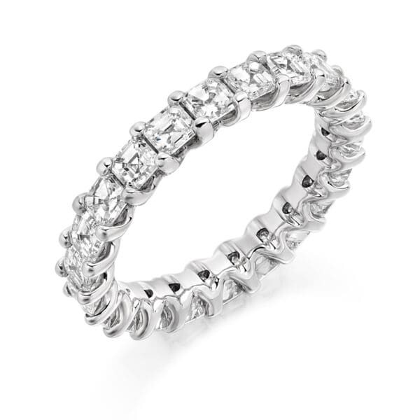 Asscher Cut Diamond Eternity Style Ring, Claw Set with 100% Diamond Coverage, 4.1mm 3 Carat Total Diamond Weight
