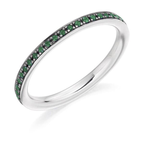 Emerald and Diamond Round Brilliant Grain Set Full Eternity Ring with 100% Diamond Coverage