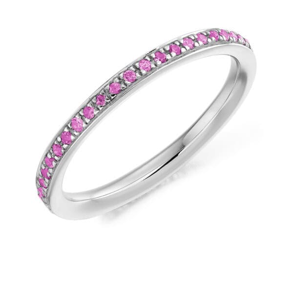 Pink Sapphire and Diamond Round Brilliant Grain Set Full Eternity Ring with 100% Diamond Coverage
