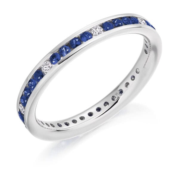 Blue Sapphire and Diamond Round Brilliant Channel Set Full Eternity Ring with 100% Diamond Coverage