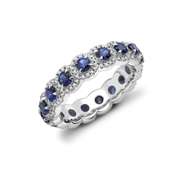 Blue Sapphire and Diamond Round Brilliant Claw Set Full Eternity Ring with 100% Diamond Coverage