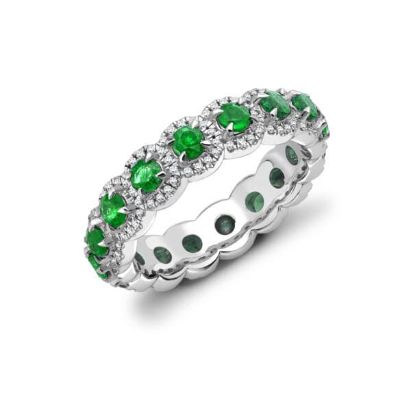 Emerald and Diamond Round Brilliant Claw Set Full Eternity Ring with 100% Diamond Coverage