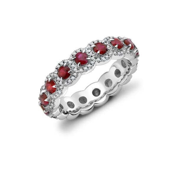 Ruby and Diamond Round Brilliant Claw Set Full Eternity Ring with 100% Diamond Coverage