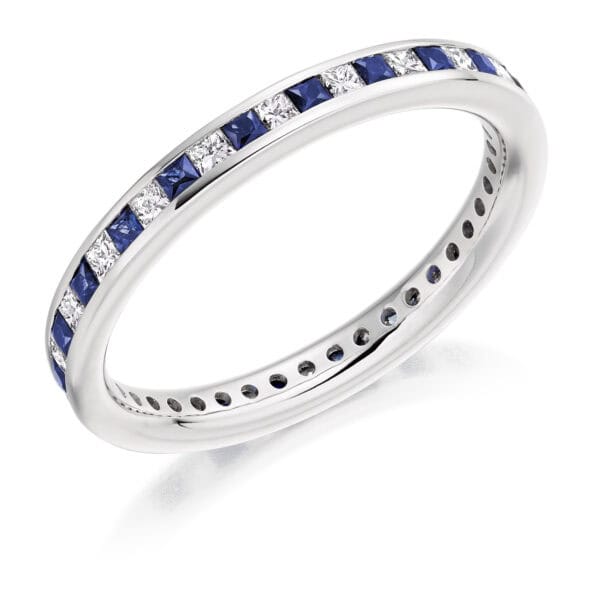 Blue Sapphire and Diamond Princess Cut Channel Set Full Eternity Ring with 100% Diamond Coverage