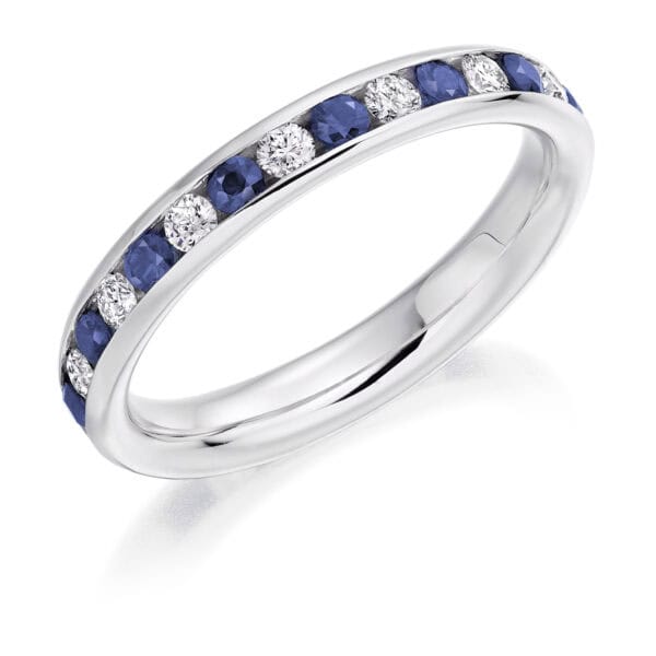 Blue Sapphire and Diamond Round Brilliant Channel Set Full Eternity Ring with 100% Diamond Coverage
