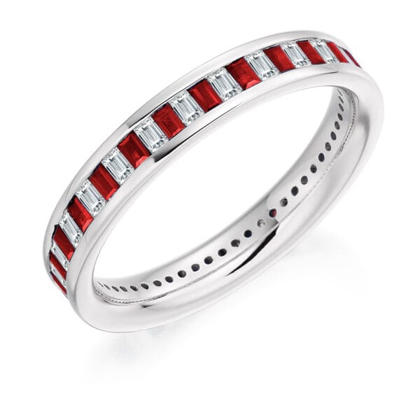 Ruby and Diamond Baguette Cut Channel Set Full Eternity Ring with 100% Diamond Coverage