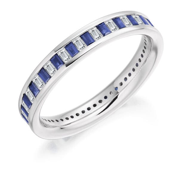 Blue Sapphire and Diamond Baguette Cut Channel Set Full Eternity Ring with 100% Diamond Coverage