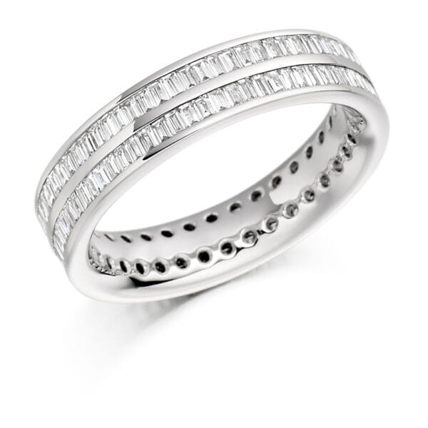 Baguette Cut Diamond Eternity Style Ring, Double Row Channel Set with 100% Diamond Coverage, 5mm 1.3 Carat Total Diamond Weight