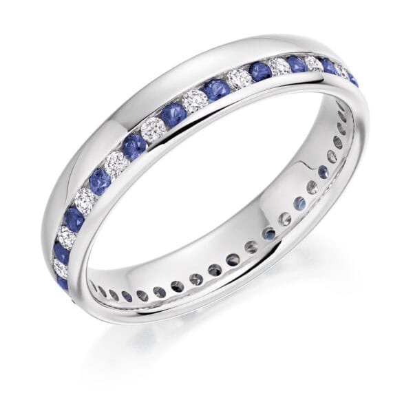 Blue Sapphire and Diamond Round Brilliant Channel Set Full Eternity Ring with 100% Diamond Coverage